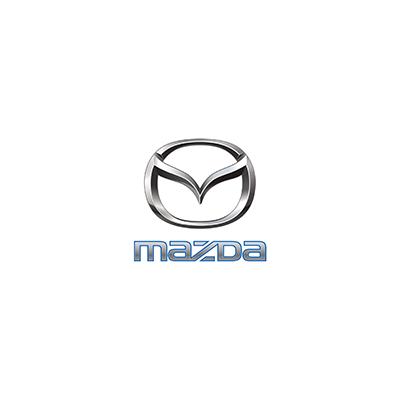 A mazda logo is shown on the side of a car.