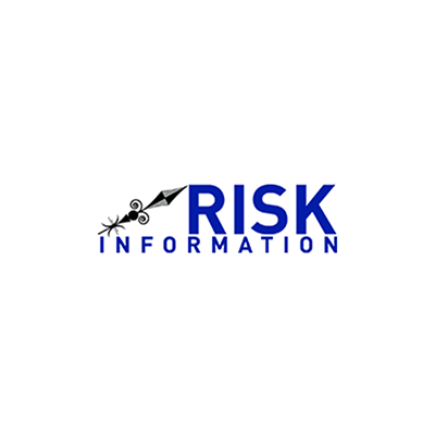 A blue and white logo of risk information